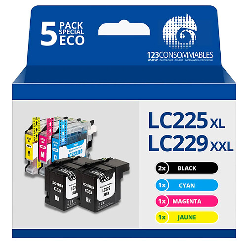 123Consommables Pack compatible avec BROTHER LC225XL/LC229XXL, 5 cartouches