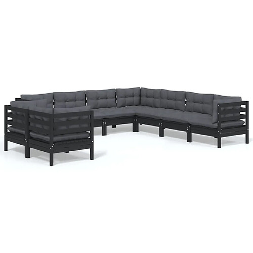 Maison Chic Salon de jardin 9 pcs + coussins - Mobilier/Meubles de jardin - Table et chaises d'extérieur Noir Bois de pin massif -MN82113