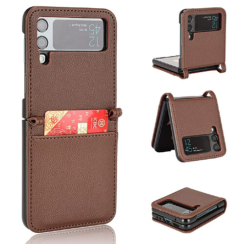 Coque en TPU + PU texture litchi avec porte-carte marron pour Samsung Galaxy Z Flip3 5G