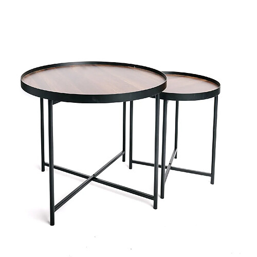 INTEMPORA Lot de 2 tables d'appoint ou tables gigogne ronde en MDF et métal - Marron et noir