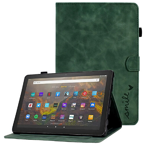 Etui en PU motif en forme de cœur avec support et porte-cartes pour votre Amazon Fire HD 10 (2021) - vert