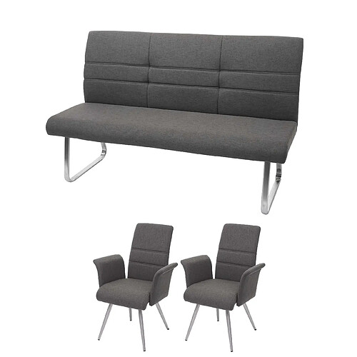 Decoshop26 Lot de 2 chaises de salle à manger avec accoudoirs + banc 180 cm en tissu gris-marron acier inoxydable 04_0007486