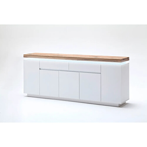 Pegane Buffet LED laqué blanc mat avec plateau en chêne noueux huilé - L200 x H81 x P40 cm