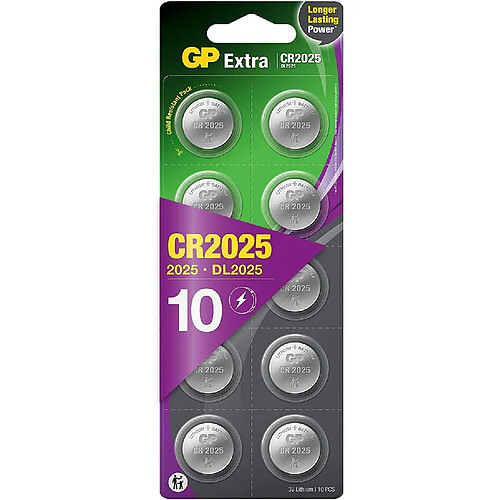 Piles CR2025 - Lot de 10 Piles | GP Extra | Batteries CR 2025 Lithium 3v - Longue durée pour dispositifs Portables, Porte-clés