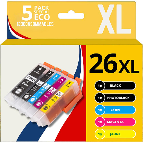 123CONSOMMABLES - 26XL - Pack 5 Cartouches d'encre compatibles avec Epson pour Epson Expression Premium XP-510 XP-520 XP-600 XP-605 XP-610 XP-615 XP-620 XP-625 XP-700 XP-710 XP-720 XP-800 XP-810