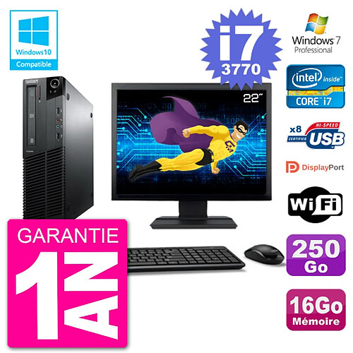 PC Lenovo M82 SFF Ecran 22" i7-3770 RAM 16Go Disque 250Go Graveur DVD Wifi W7 · Occasion