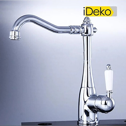 iDeko® Robinet Mitigeur d’évier cuisine finition chromée robinet de cuisine en laiton (poignée blanche)