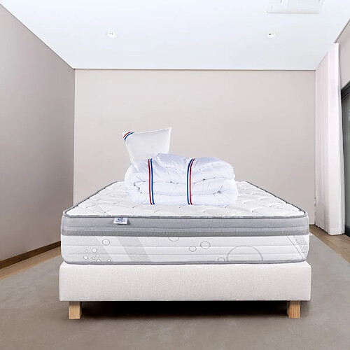 LUXURY LITERIE Ensemble Matelas ViscoPlus, 26 cm, mousses haute densité, ferme, face été/hiver + sommier beige ep20cm + oreiller + couette, 90x190cm