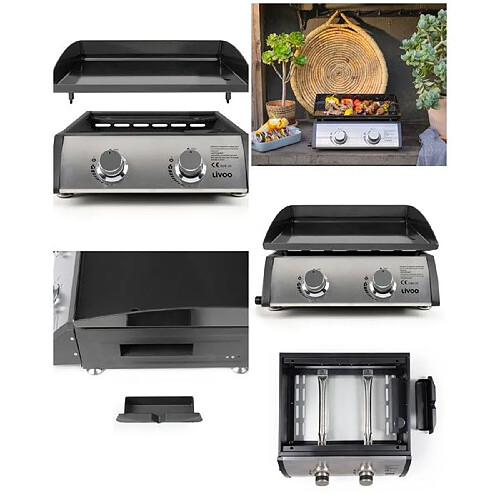 Livoo Plancha Electrique gaz Barbecue 2 brûleurs acier INOX émaillée 48x36 cm Allumage automatique intégré