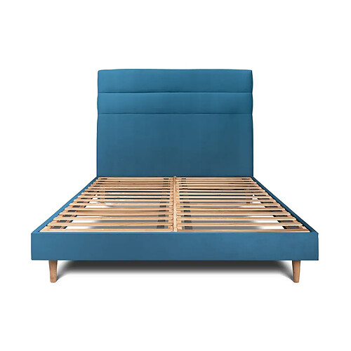 Sommeil de plomb Lit 135x190cm avec tête de lit lignes velours et sommier kit Bleu - Hauteur totale : 29cm