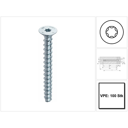 HECO MULTI MONTI plus F Vis d'ancrage 6,0 x 40mm, Vis à béton, Tête fraisée, T-Drive, Zingué bleu, A2K, 100 pcs. (49860)