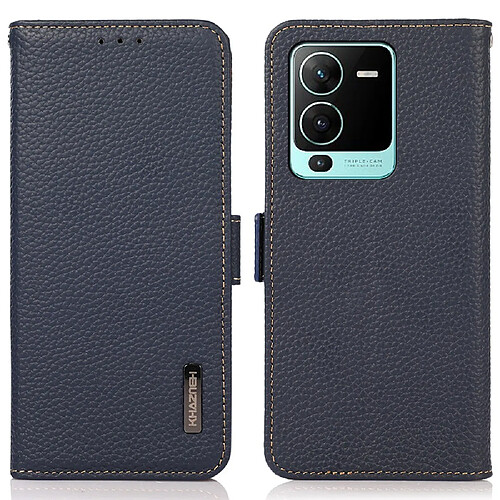 Etui en cuir véritable Fonction de blocage RFID, texture litchi, magnétique avec support pour votre Vivo V25 Pro 5G/S15 Pro 5G - bleu