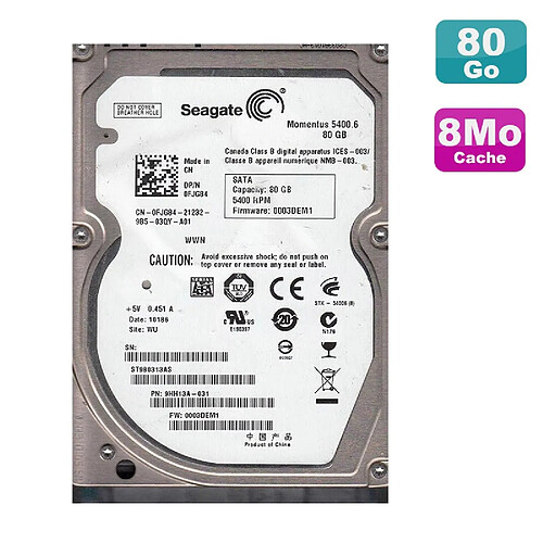 Seagate Technology Disque Dur 80Go SATA 2.5" Seagate Momentus ST980313AS Pc Portable 8Mo · Occasion