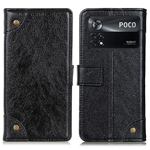 Etui en PU texture nappa, bouton décoratif en laiton avec support, noir pour votre Xiaomi Poco X4 Pro 5G