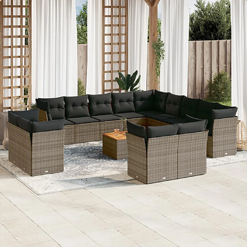 vidaXL Salon de jardin avec coussins 14 pcs gris résine tressée