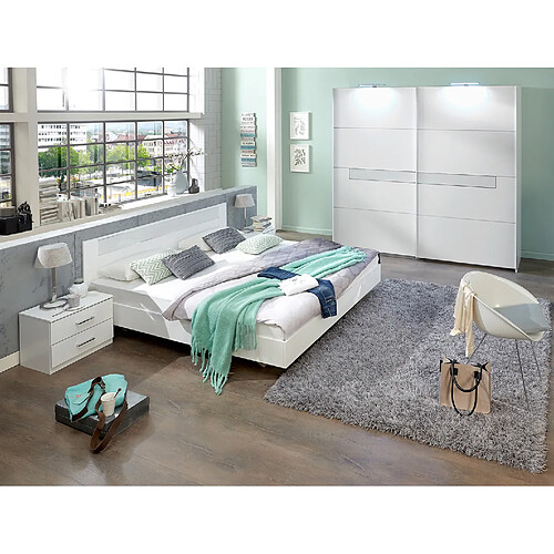 Pegane Chambre adulte en panneaux de particules coloris blanc, rechampis verre blanc + chrome - Dim : 140 x 200 cm