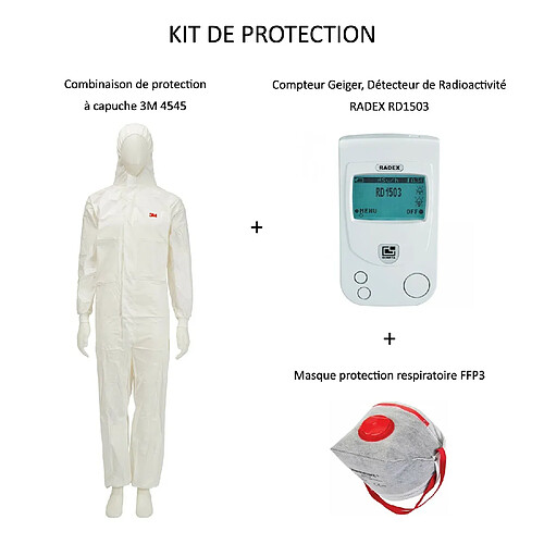 PACK Compteur Geiger Détecteur de Radioactivité Nucléaire RADEX RD1503 + Vêtements de protection à capuche Combinaison 3M 4545 Taille XL + Masque FFP3