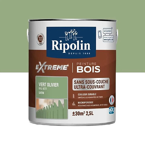 RIPOLIN Peinture pour pour Bois Interieur + Exterieur - Vert Olivier Ral 6021 Satin, 2,5L