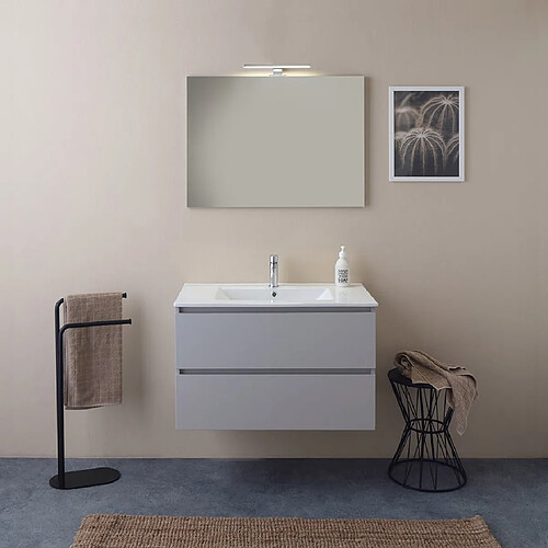 Kiamami Valentina MEUBLE DE SALLE DE BAIN SUSPENDU 80 CM BLANC BOIS AVEC MIROIR 80x60 | BARCELLONA