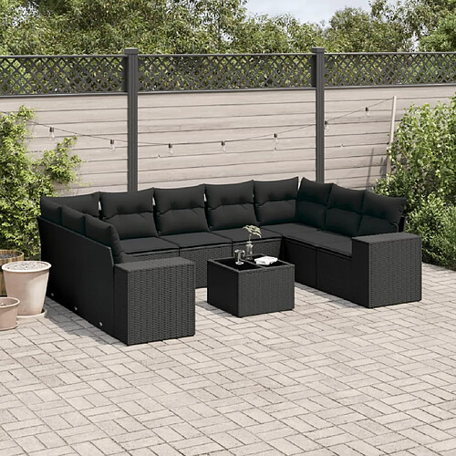 vidaXL Salon de jardin 10 pcs avec coussins noir résine tressée