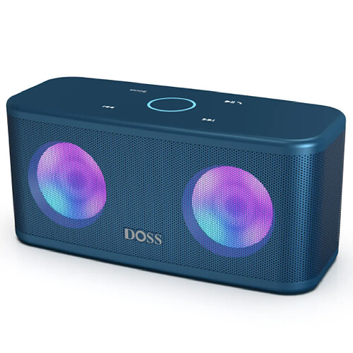 Chrono Haut-parleur Bluetooth sans fil DOSS SoundBox Plus, boîte à musique Bluetooth à double lecteur de 16 watts, commande tactile, lumières colorées, microphone, 24 autonomies de batterie, emplacement pour carte TF(Bleu)