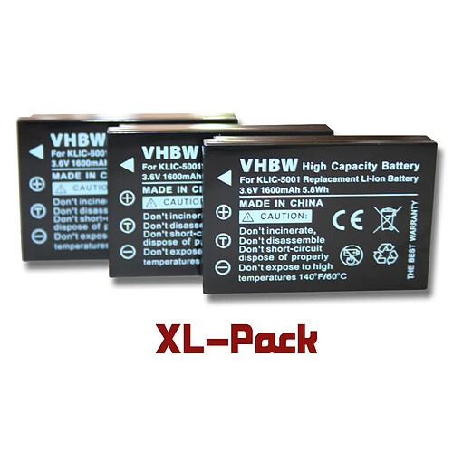 vhbw set 3 batteries 1600mAh pr Kodak Easyshare DX3600 DX6490 DX7440 DX7590 DX7630 P712 P850 P880 Z7590 Z730 Z760, remplace Klic-5001, DB-L50, BP-243