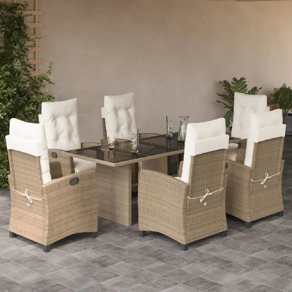 vidaXL Ensemble à manger de jardin et coussins 7 pcs beige poly rotin