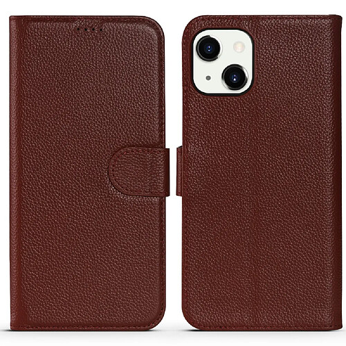 Etui en cuir véritable + TPU fermeture magnétique texture litchi avec support marron foncé pour votre Apple iPhone 13 6.1 pouces