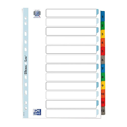 Intercalaire numérique A4 Elba carton 12 onglets multicolores - 1 jeu