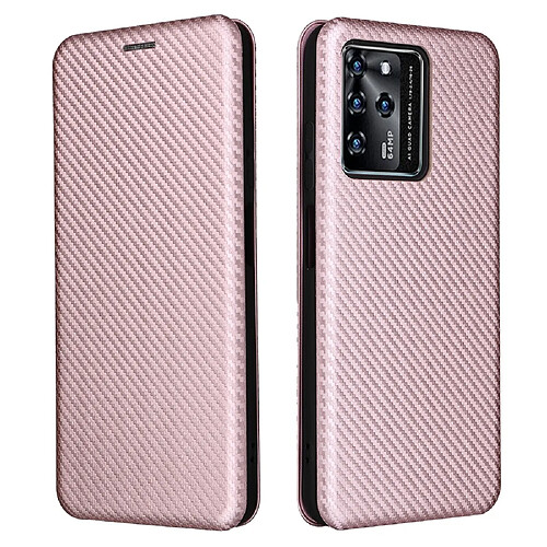 Coque en TPU + PU texture en fibre de carbone, anti-empreintes digitales, fermeture magnétique auto-absorbée avec support, or rose pour votre ZTE Blade V30