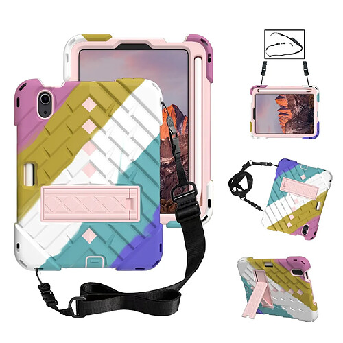 Coque en TPU motif losange, hybride avec béquille et lanière coloré/or rose pour votre Apple iPad mini (2021)