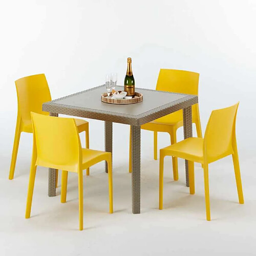 Grand Soleil Table carrée beige + 4 chaises colorées Poly rotin synthétique Elegance, Chaises Modèle: Rome jaune