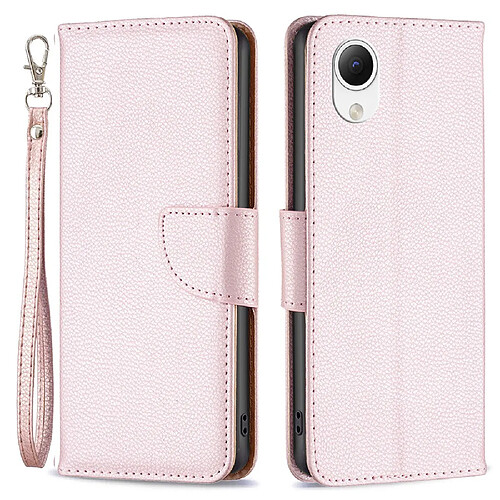 Etui en PU texture litchi, fermeture magnétique, anti-chocs avec support pour votre Samsung Galaxy A23e - or rose