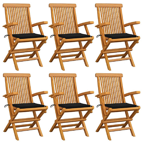 vidaXL Chaises de jardin avec coussins noir lot de 6 Bois teck massif