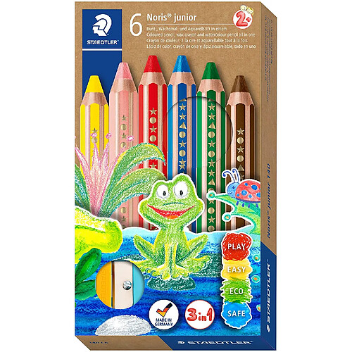 Staedtler Noris Junior Pack de 6 Crayons de Couleur Extra Epais + Taille-Crayon - 3 en 1, Crayon, Craie et Aquarelle - Couleurs Assorties