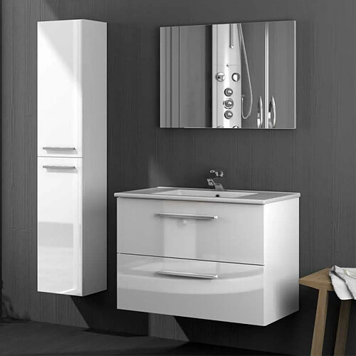 Dansmamaison Meuble sous vasque 80 cm + vasque + miroir + colonne Blanc Brillant - BRABU