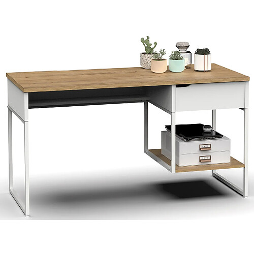 Pegane Bureau, table de travail en aggloméré finition chêne avec pieds en métal blanc - Longueur 137.5 x Profondeur 58 x Hauteur 76 cm