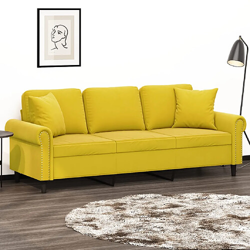 vidaXL Canapé 3 places avec oreillers décoratifs jaune 180 cm velours