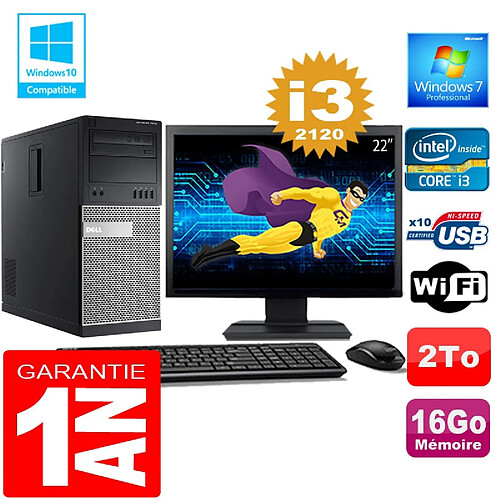 PC Tour DELL 7010 Core I3-2120 Ram 16Go Disque 2 To Wifi W7 Ecran 22" · Occasion