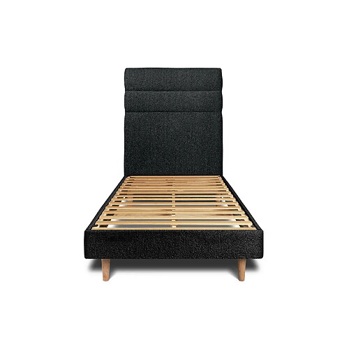 Sommeil de plomb Lit 90x200cm avec tête de lit lignes bouclette et sommier kit Noir - Hauteur totale : 29cm