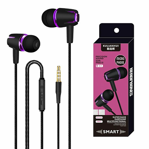 Écouteurs De Caisson De Basses Filaires Écouteurs Intra-Auriculaires Stéréo Avec Micro Casque D'Appel Mains Libres Noir Violet