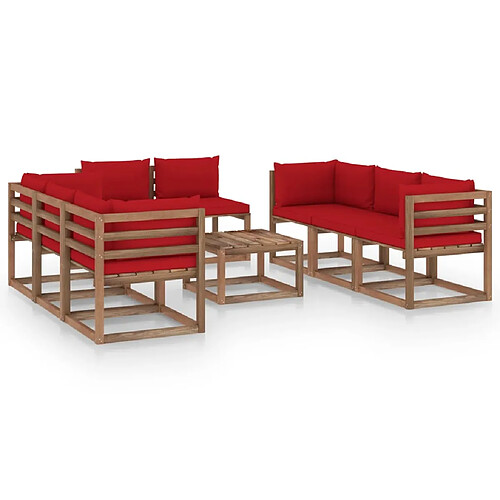 vidaXL Salon de jardin 9 pcs avec coussins Rouge