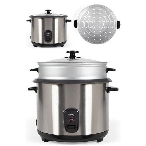 Livoo Cuiseur à Riz 2.8L 1000W GRIS INOX + Panier vapeur Revêtement antiadhésif Bol amovible Arrêt automatique