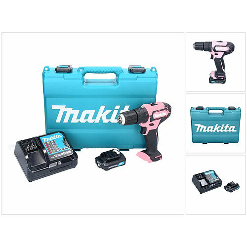 Makita HP 333 DSAP Perceuse-visseuse à percussion sans fil 12 V 30 Nm rosa + 1x Batterie 2,0 Ah + Chargeur + Coffret de transport