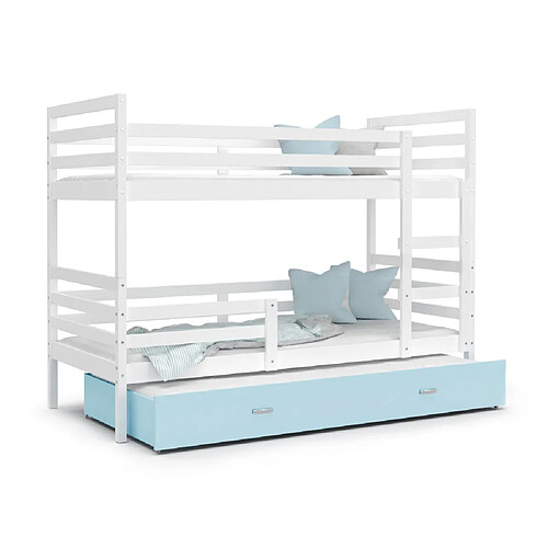 Kids Literie Lit Superposé 3 Places Milo 90x190 Blanc - bleu Livré avec sommiers, tiroir et matelas en mousse de 7cm