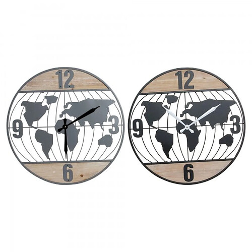 Look & Feel Horloge Murale DKD Home Decor Noir Gris Fer Bois MDF Mappemonde (2 pcs) (60 x 4.5 x 60 cm)