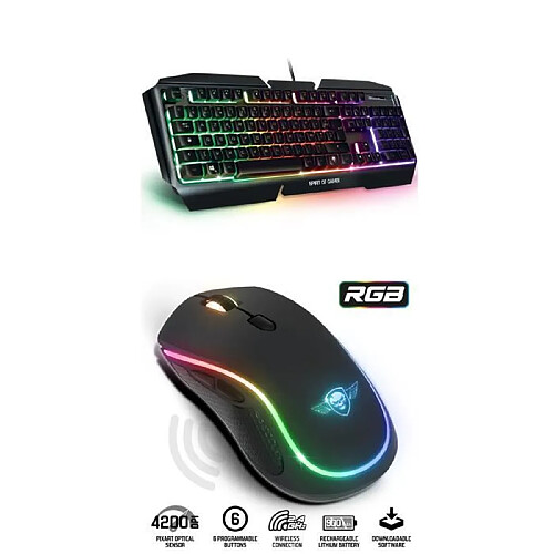 Spirit of Gamer Souris Sans fil Optique 2.4ghz 4200DPI M9 rechargeable + Clavier PRO GAMING METAL RGB PROK5 Anti-Gosthing Mode Breathing