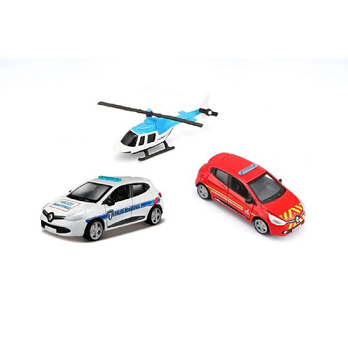 1/64 BBURAGO - Pack de 3 vehicules - Helicoptere + Voiture Pompier + Voiture Police