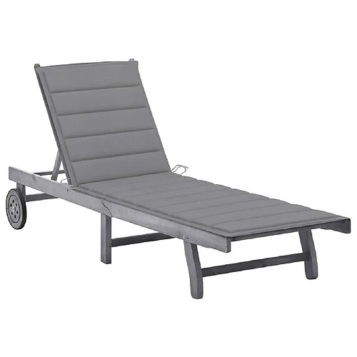 Helloshop26 Transat chaise longue bain de soleil lit de jardin terrasse meuble d'extérieur avec coussin gris bois d'acacia solide 02_0012484