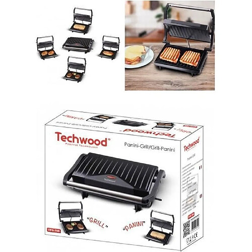 Techwood APPAREIL Grill Viande / Panini / Bac recuperateur de graisse Plaque anti-adhesive 750W Haute qualité